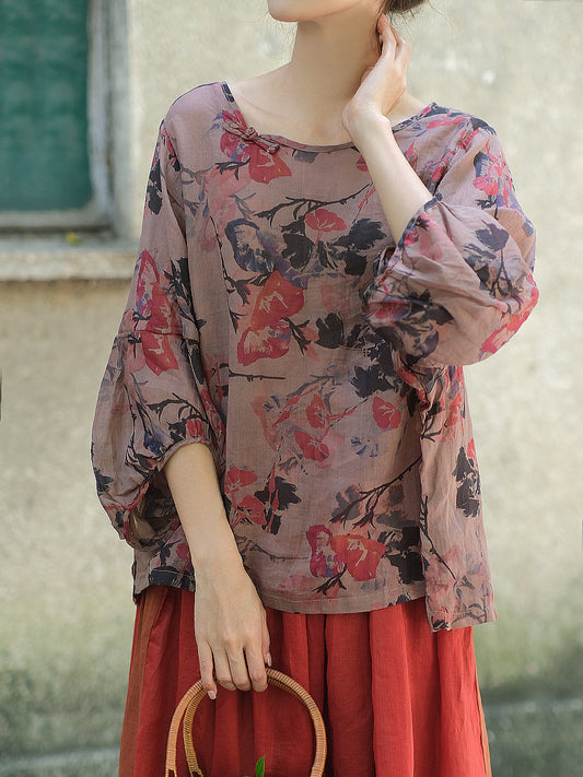 Women Retro Summer Flower Print Loose Ramie Shirt
