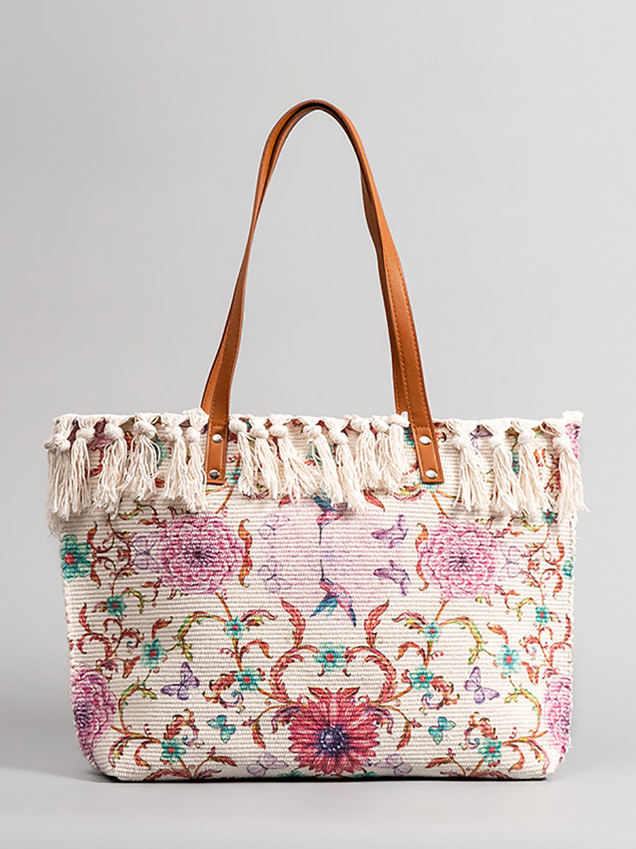 Women Vintage Flower Print Tassel Canvas Shoulder Bag
