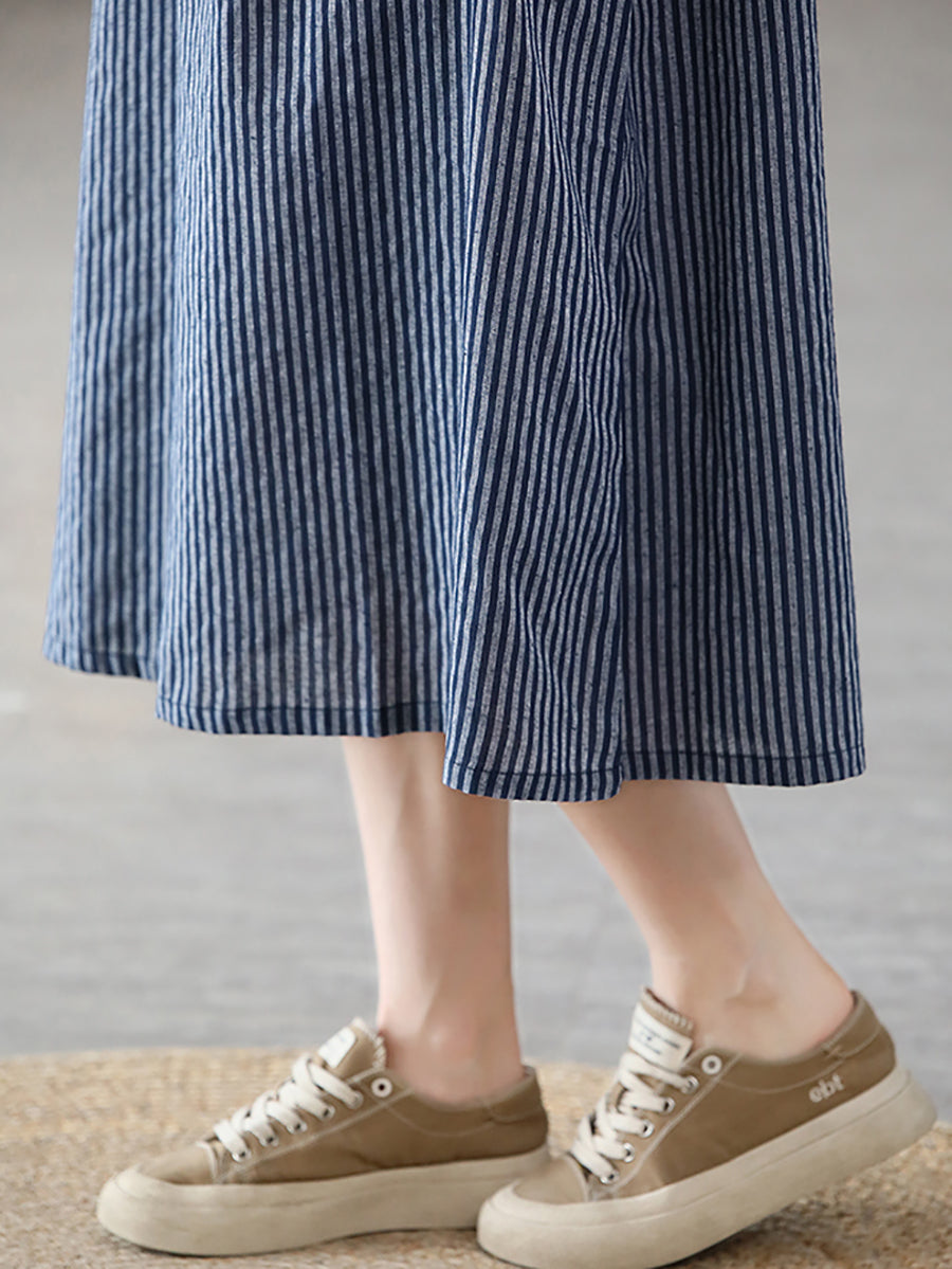 Women Summer Vintage Stripe Drawstring Button Cotton Dress