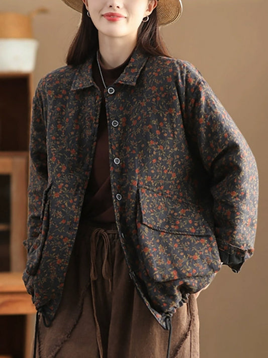 Manteau rembourré en coton à boutons floraux vintage pour femmes