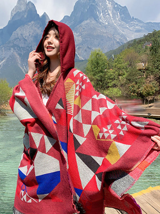 Women Ethnic Triangle Spliced Hooded Shawl