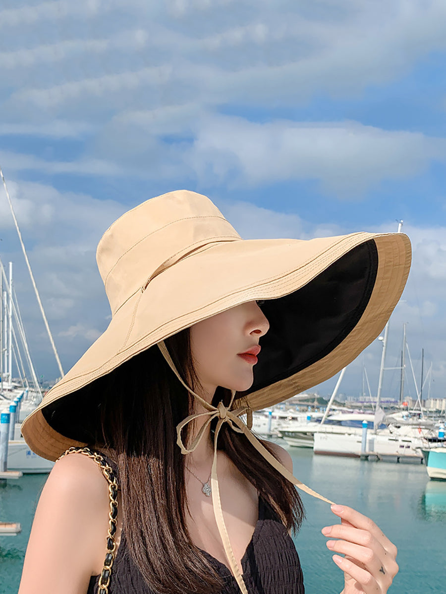 Women Casual Colorblock Drawstring Travel Sunproof Hat