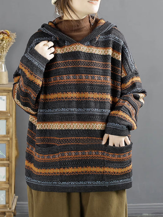 Pull à capuche en coton tricoté jacquard pour femme hiver
