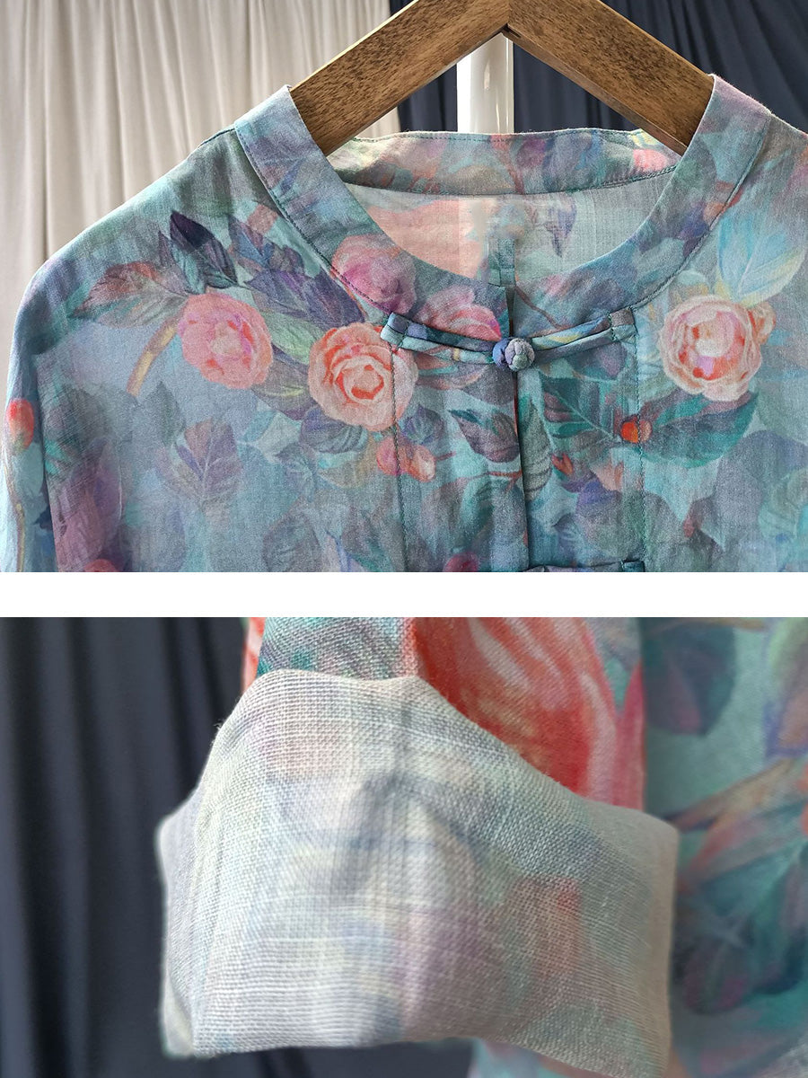 Women Vintage Flower Print Ramie Spring Shirt