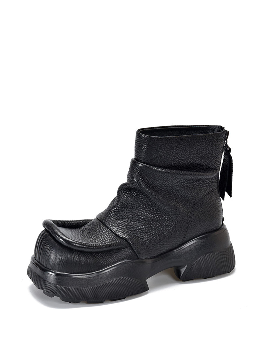 Women Retro Pure Leather Square-Toe Platform Boots