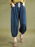 Women Summer Solid Washed Drawstring Pocket Denim Pants