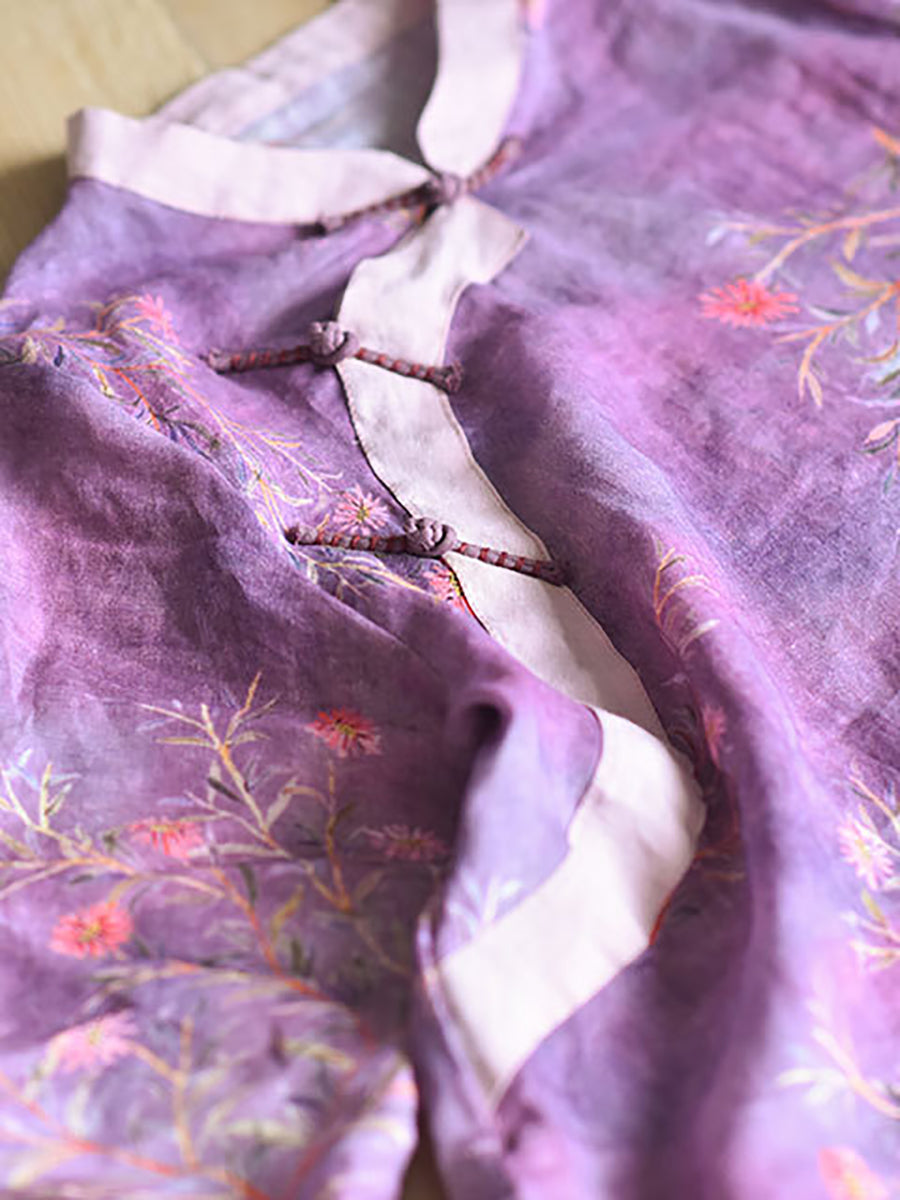 Women Spring Artsy Plant Print Frog Spliced Robe Dress