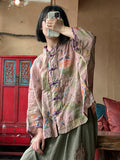 Women Summer Vintage Floral Button Loose Linen Shirt
