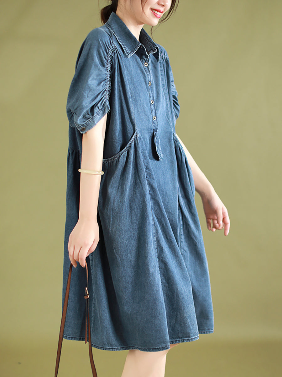 Women Summer Retro Pocket Stitching Button Denim Dress
