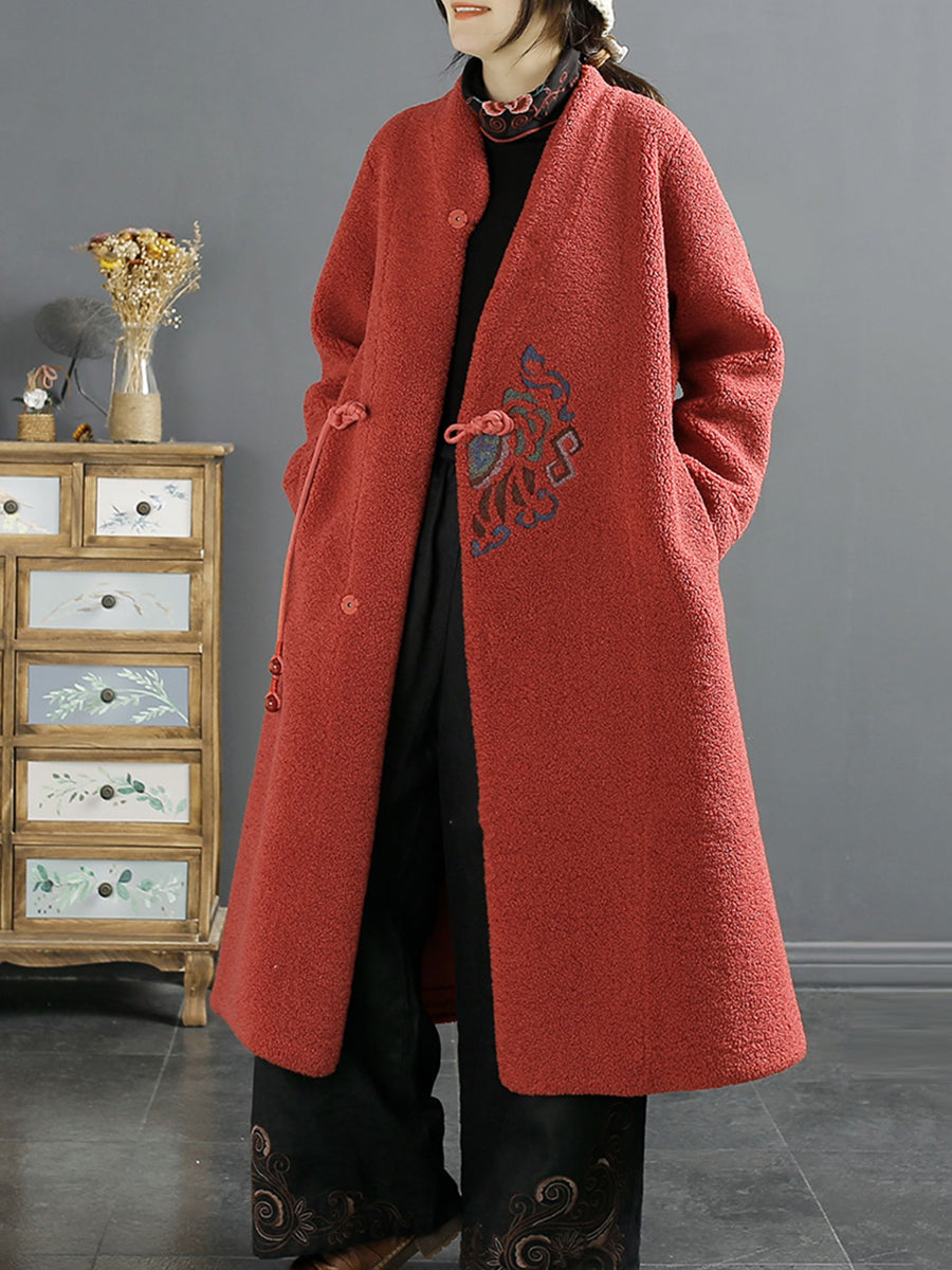Women Ethnic Embroidery Winter Fleece Long Coat