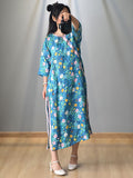 Women Summer Vintage Floral Frog Spliced Split Hem Dress