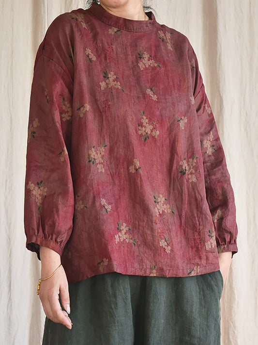 Women Vintage Floral Loose Spring Linen Shirt