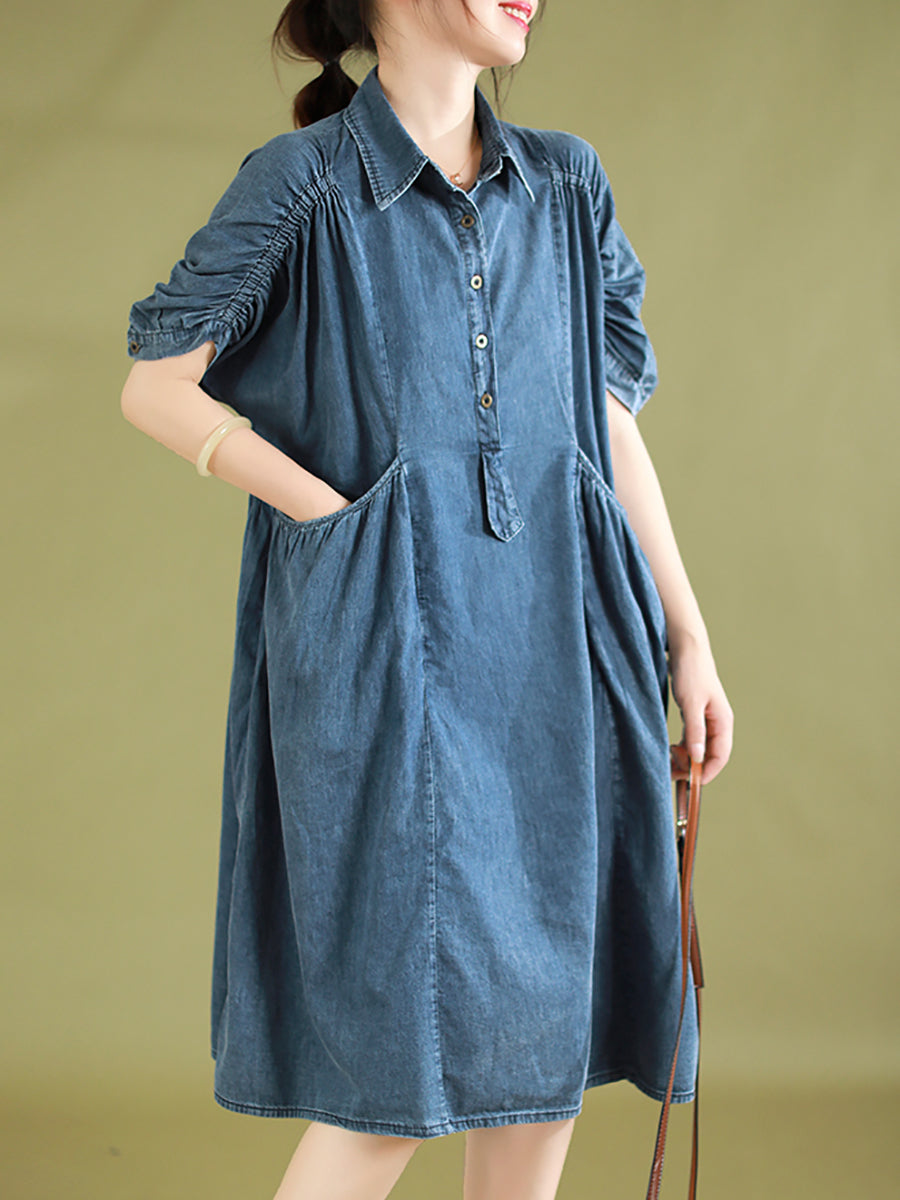 Women Summer Retro Pocket Stitching Button Denim Dress
