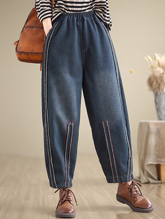 Women Vintage Stitching Washed Denim Pants