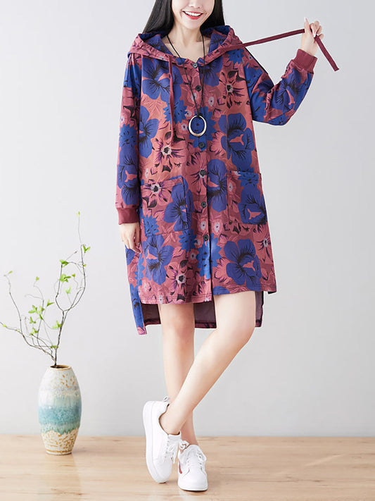 Women Casual Flower Spring Hooded Cotton Coat