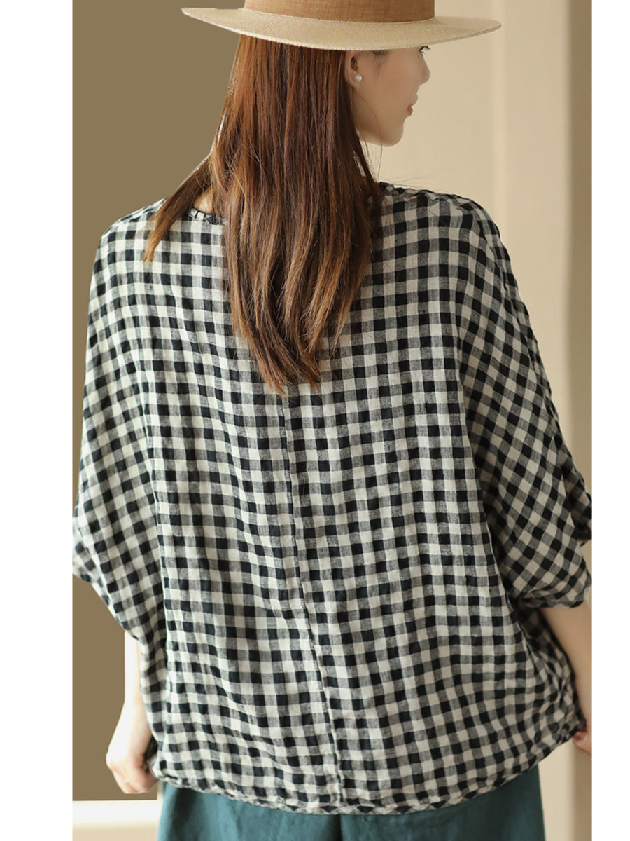 Women Summer Stripe Vintage Button Stitching Linen Shirt