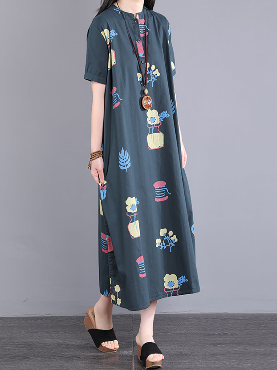 Women Casual Cute Cartton Print Button Loose Long Dress