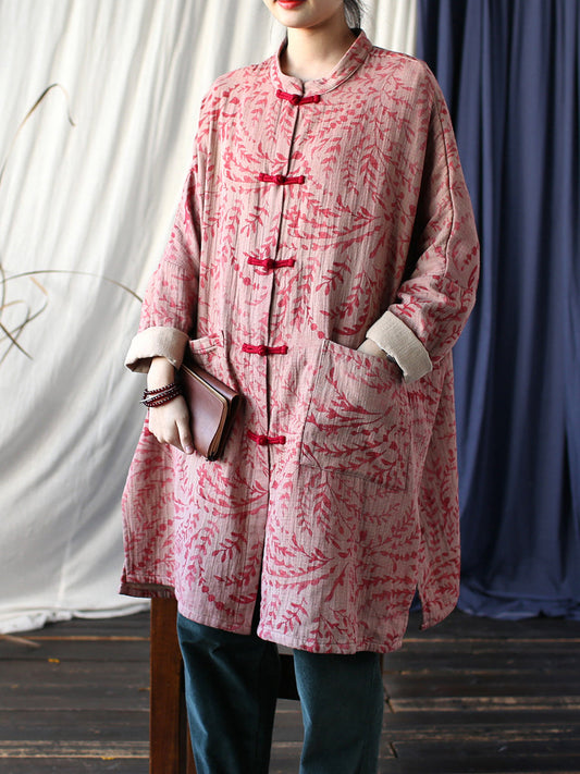 Manteau chemise longue de printemps à imprimé feuilles ethniques pour femmes