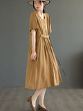 Women Summer Casual Solid Pleat V-Neck Loose Dress