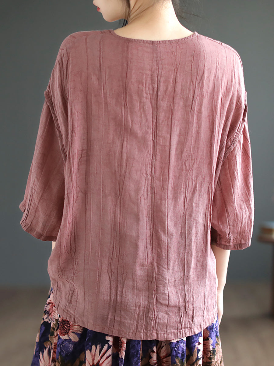 Chemise Ramie unie à col en v pour femme, tenue Vintage