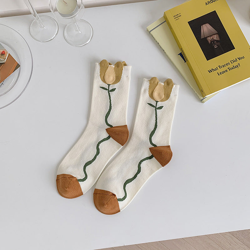 5 paires de chaussettes losanges en jacquard à fleurs artistiques pour femmes