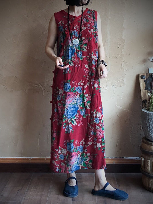 Women Ethnic Flower Slant Closure Split Hem Vest Dress