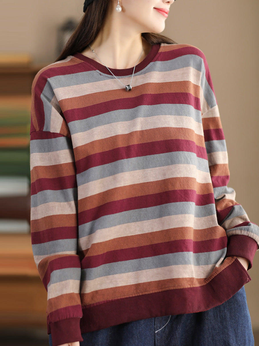 Women Spring Colorblock Stripe O-Neck Shirt