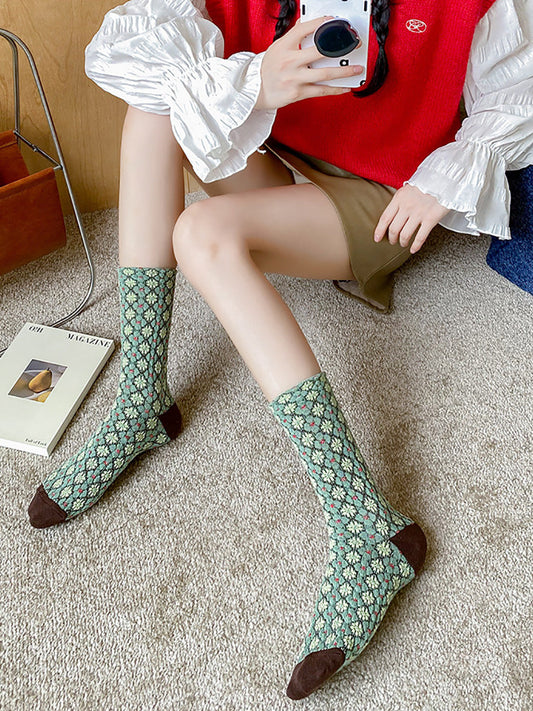 5 Pairs Women Artsy Floral Jacquard Long Socks