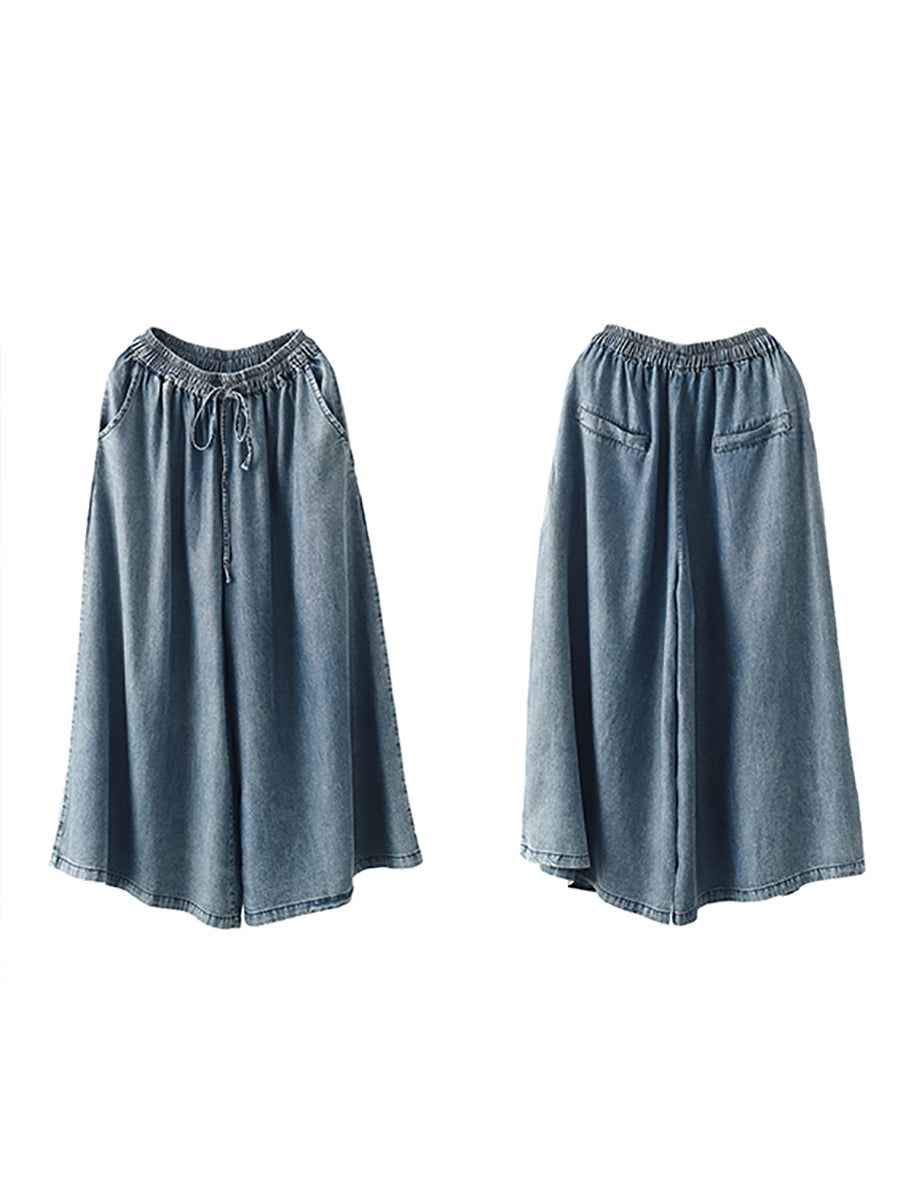 Women Casual Solid Washed Drawstring Wide-leg Denim Pants