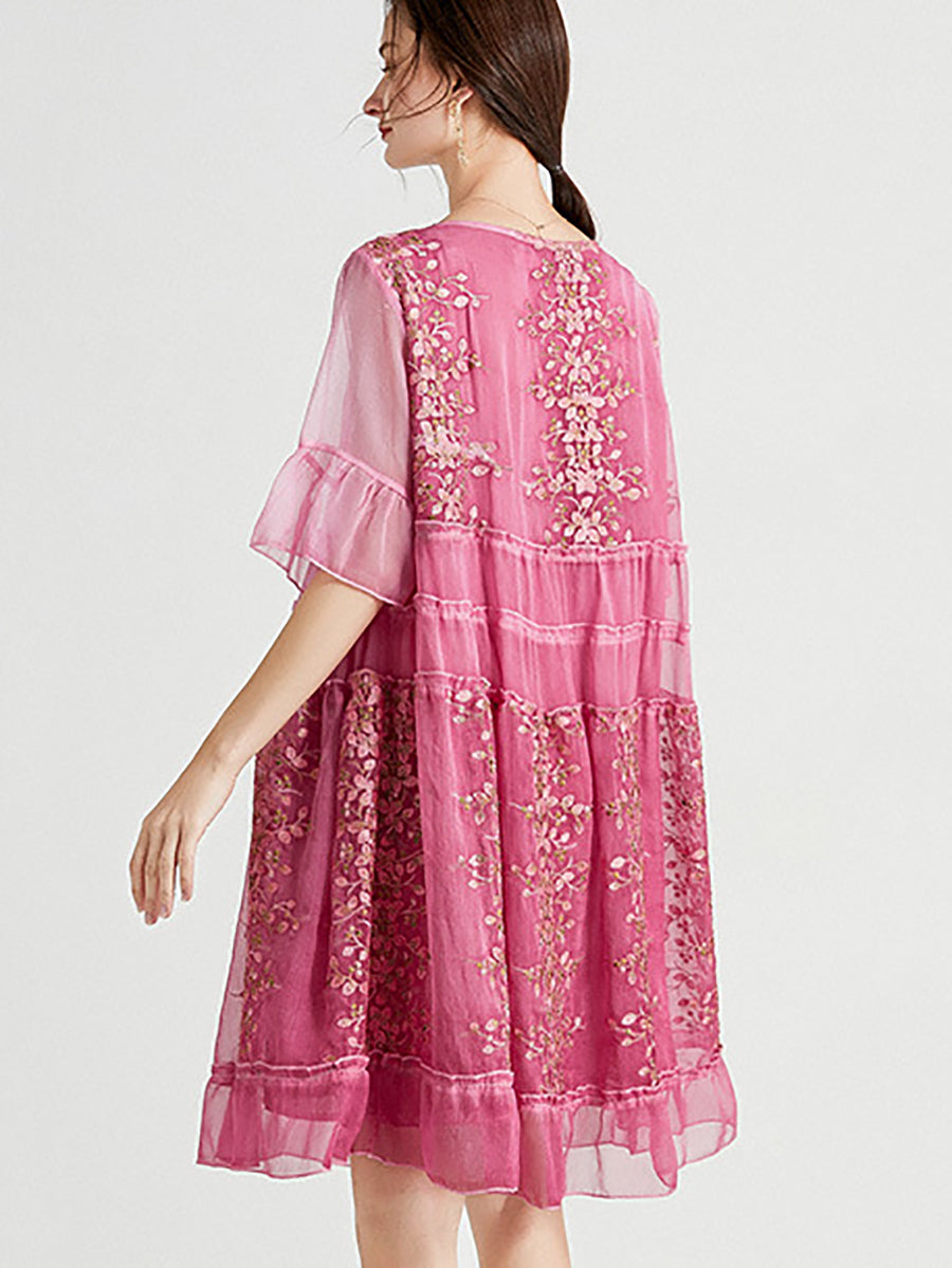 Women Elegant Summer Floral Embroidery Spliced Loose Dress