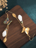 Women Ethnic Butterfly Cloisonne Jade Flower Alloy Earrings