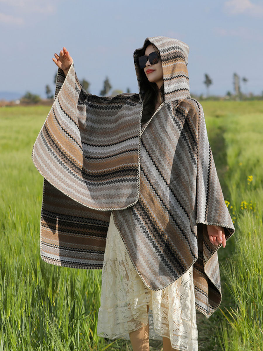 Women Ethnic Colorful Stripe Hooded Shawl