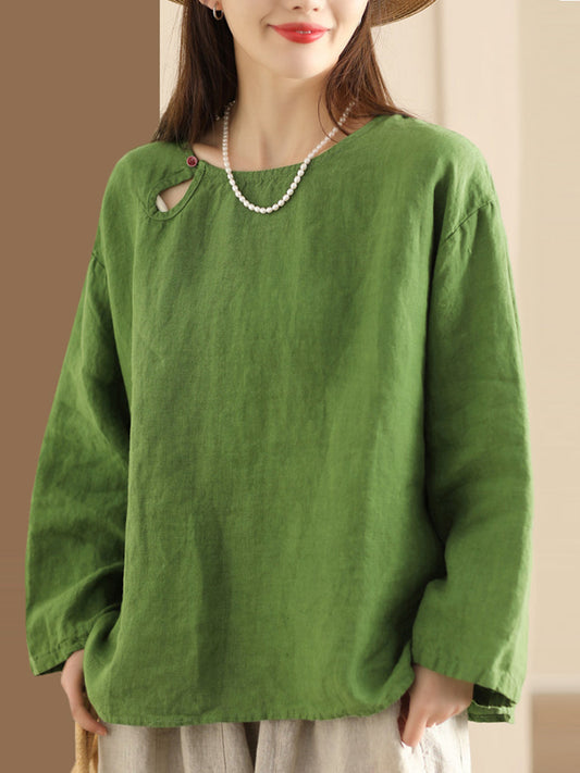 Women Spring Casual Solid Linen Pullover Blouse