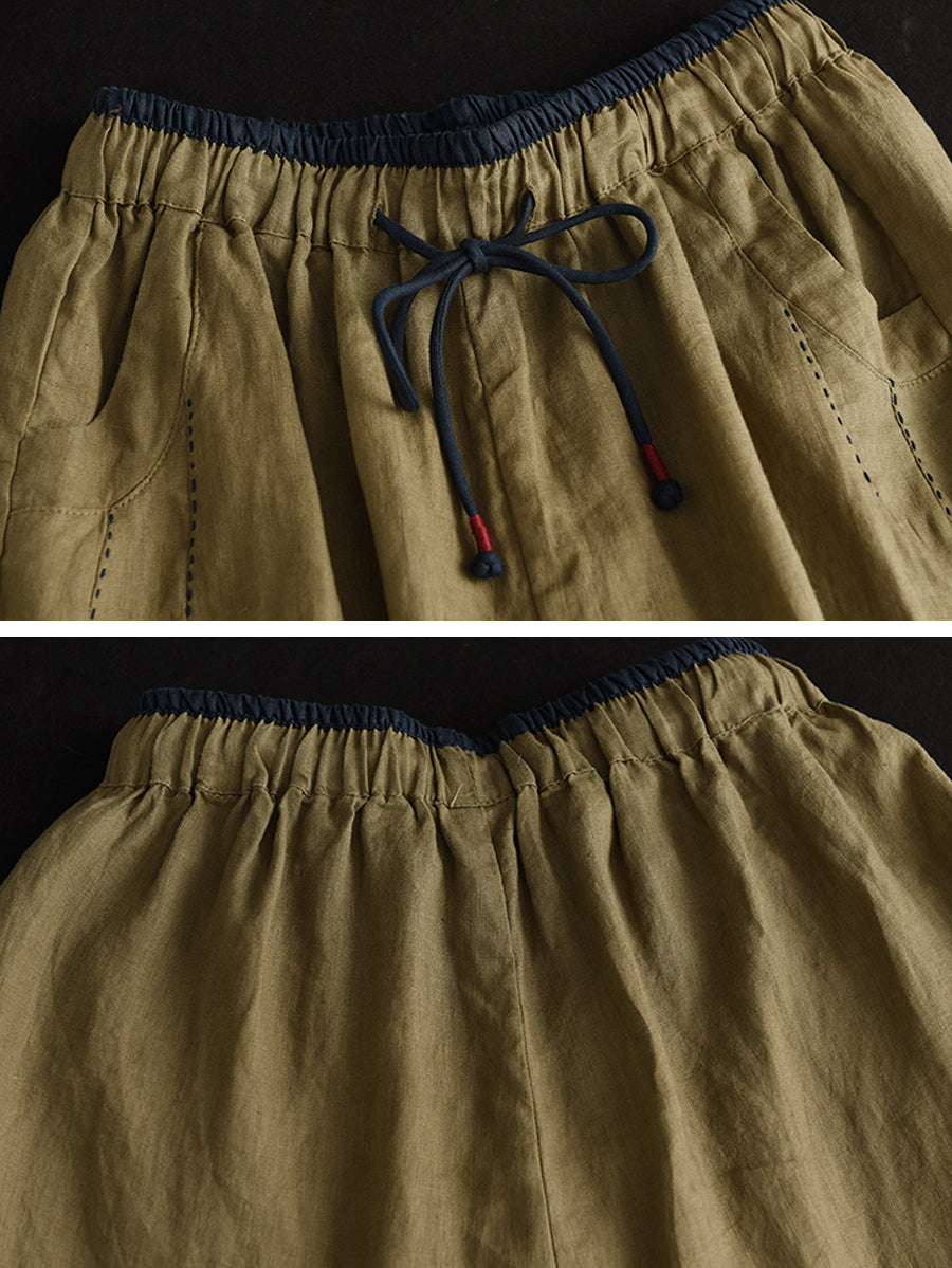 Women Casual Solid Drawstring Colorblock Waist Linen Pants
