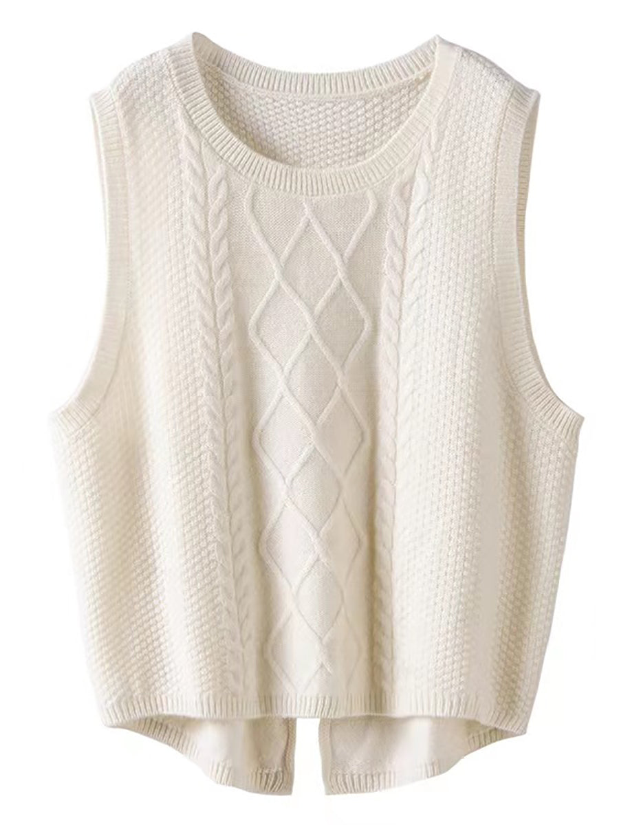 Women Retro Winter Solid Wool Jacquard Vest