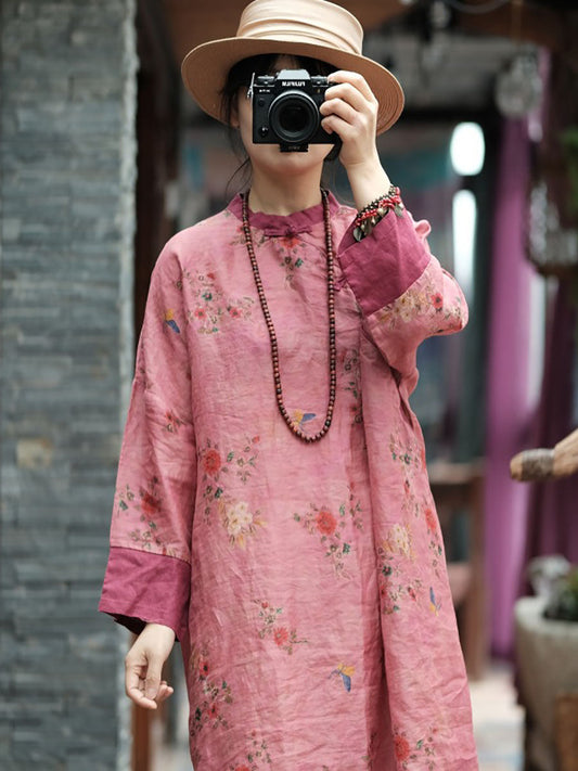 Women Vintage Spring Floral Spliced Ramie Robe Dress