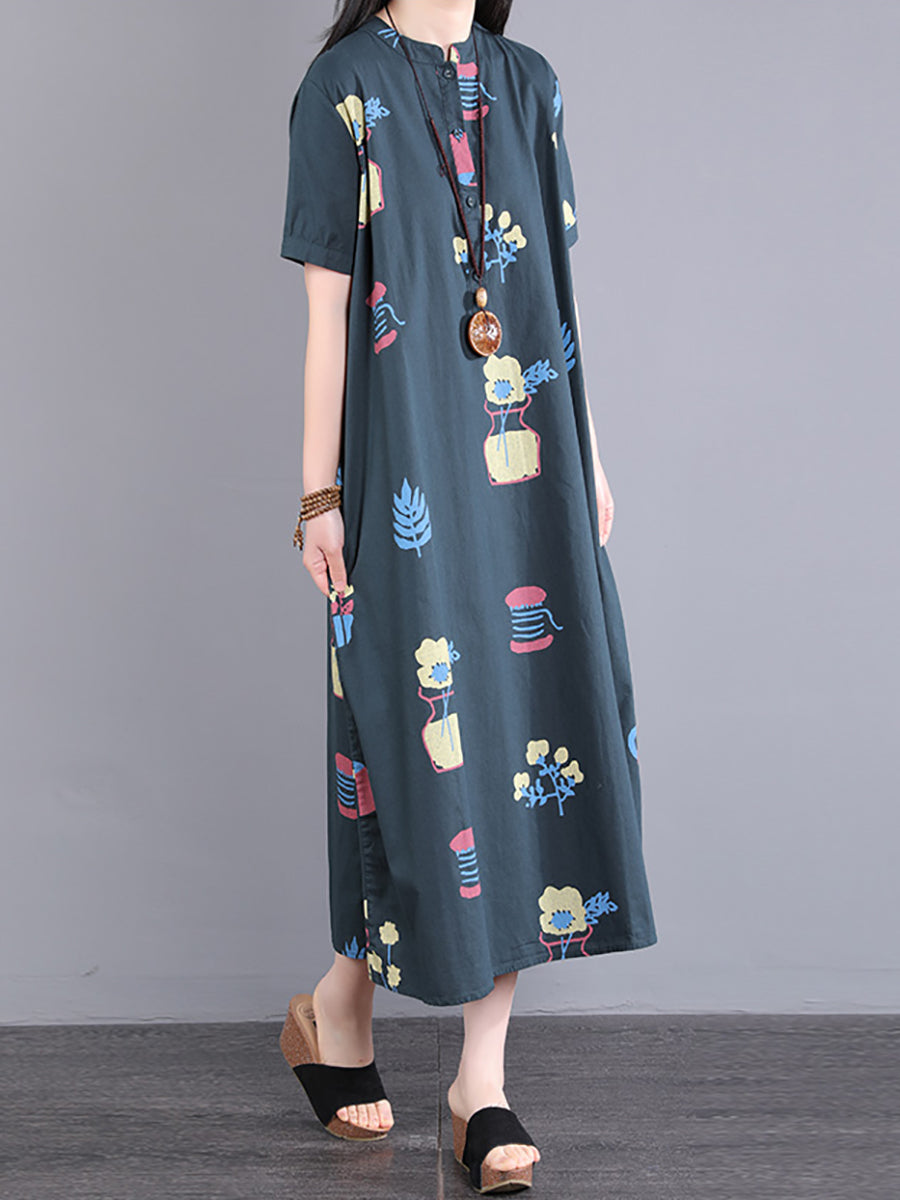Women Casual Cute Flower Print Button Loose Dress