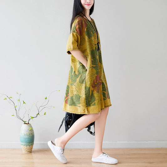 Women Summer Artsy Leaf Raw-edge Loose Cotton Dress