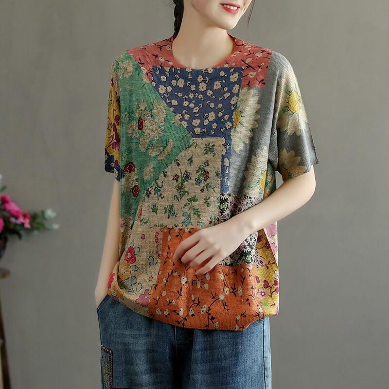 100% Cotton Knitted Stitching Print Summer T-shirt