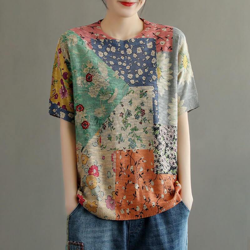 100% Cotton Knitted Stitching Print Summer T-shirt