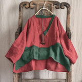 100% Linen Women Color Spliced V-neck Sweatshirt