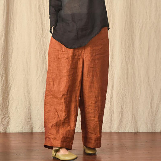 100% Linen Women Summer Pure Color Straight Pants