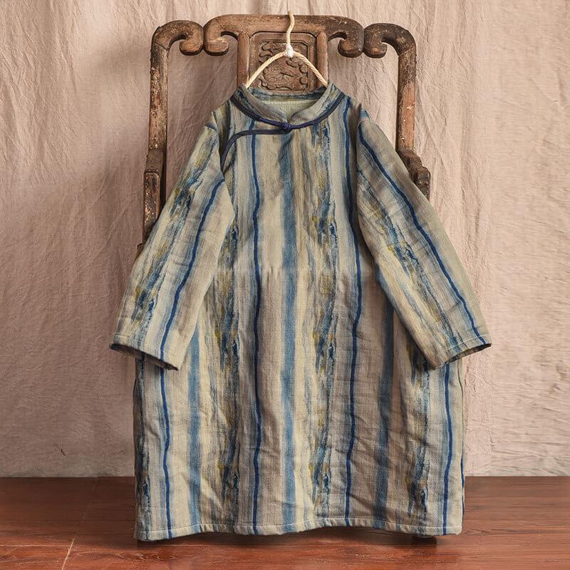 100% Ramie Casual Print Stripes Color Contrast Dress