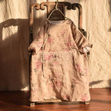 100% Ramie Women Casual Floral Lace-up Retro Dress