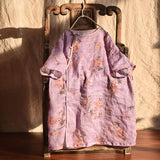 100% Ramie Women Casual Floral Lace-up Retro Dress