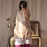 100% Ramie Women Casual Floral Lace-up Retro Dress