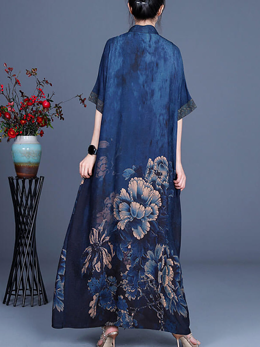 Plus Size Women Casual Retro Flower 100% Rayon Stitching Dress