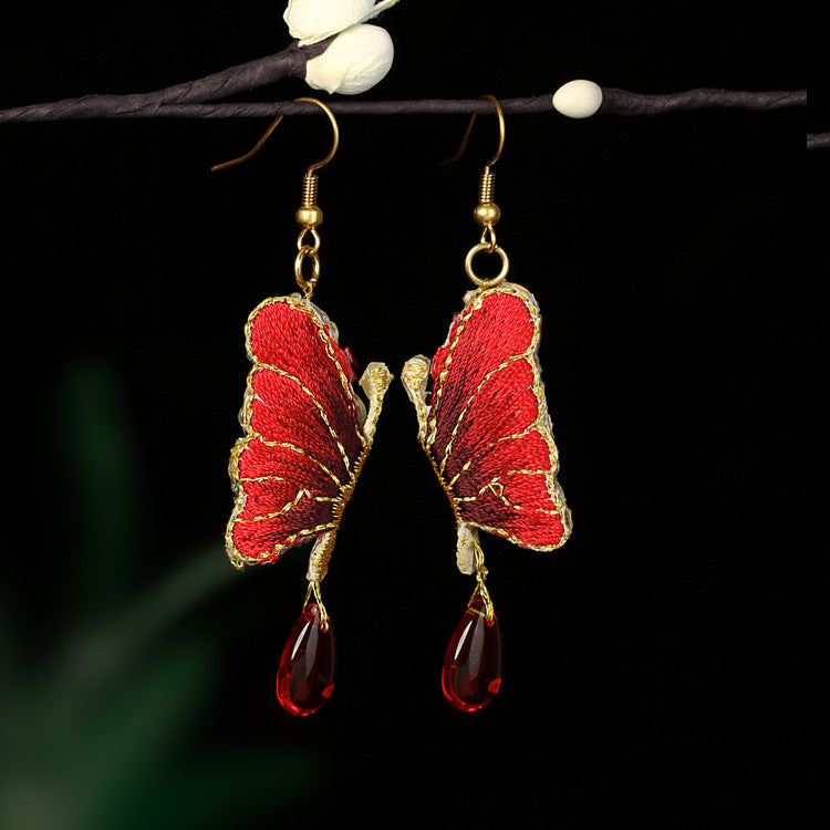 Embroidered Butterfly Two-Color Earrings