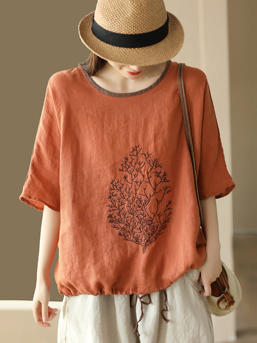 Women Summer Vintage Tree Embroidery Linen Shirt