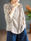 Women Retro Plaid Button Batwing Sleeve Cotton Shirt